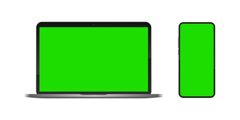 Smartphone with leptop device with green chroma key screen. Realistic gadget blank display, video frame graphic element.