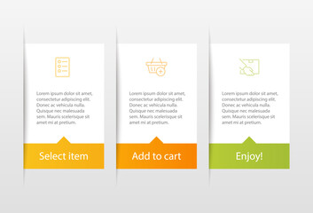 Concept of shopping process with 3 successive steps. Three colorful graphic elements. Timeline design for brochure, presentation, web site. Infographic design layout.
