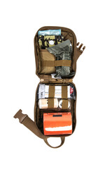 Modern military field first aid kit. A soft zippered bag with a medical cross filled with medicines. Isolate on a white back.