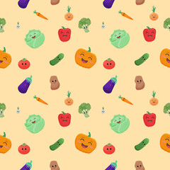 Seamless pattern with cute vegetables. Vector illustration. Autumn harvest of ripe root crops. Farming and gardening. Harvesting.