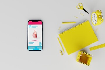 A phone with a school application on the background of school supplies such a notebook, scissors, pencils. Concept of back to school, learning, school exams. 3d rendering, 3d illustration.