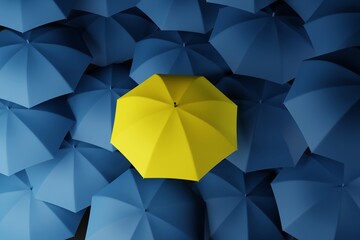 Lots of blue umbrellas and one yellow one that stands out. The concept of differentiation, individuals. 3d rendering, 3d illustration.