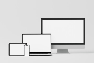 Laptop, phone and tablet with blank empty white screen. Concept of content replenishment, showing pages on different devices. 3d rendering, 3d illustration.