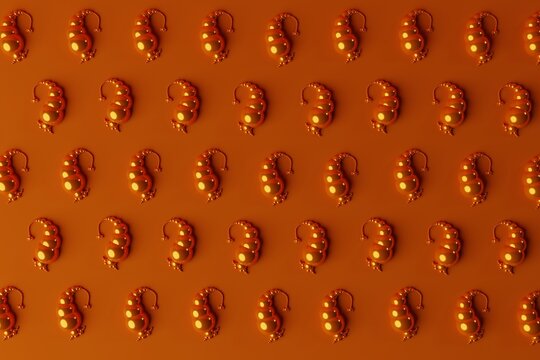 A presley pattern composed of orange balls on an orange background. 3d rendering, 3d illustration.