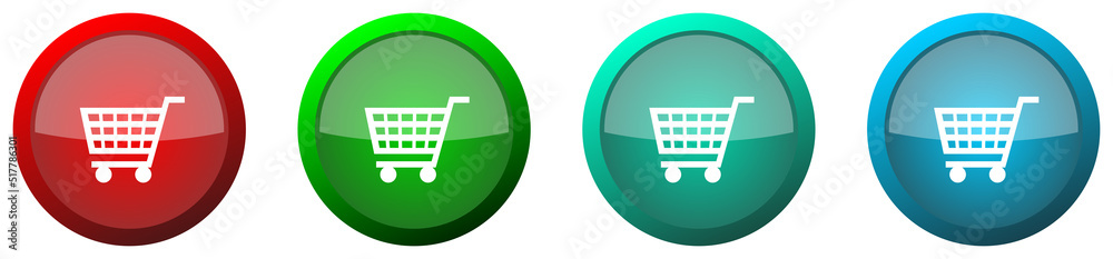 Poster shopping cart, shop, trolley round glossy web icon set, colorful buttons isolated on white backgroun