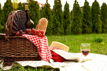 Picnic blanket with wicker basket, wine, food, sweater, straw hat, glass and book on green grass