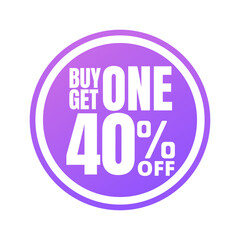 40% off, buy get one, online super discount purple button. Vector illustration, icon Forty 