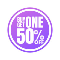 50% off, buy get one, online super discount purple button. Vector illustration, icon Fifty
