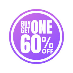 60% off, buy get one, online super discount purple button. Vector illustration, icon Sixty 
