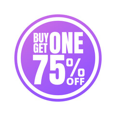75% off, buy get one, online super discount purple button. Vector illustration, icon Seventy-five 