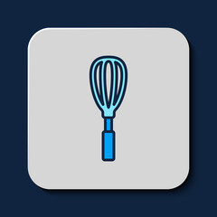 Filled outline Kitchen whisk icon isolated on blue background. Cooking utensil, egg beater. Cutlery sign. Food mix symbol. Vector