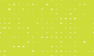 Seamless background pattern of evenly spaced white cloche symbols of different sizes and opacity. Vector illustration on lime background with stars