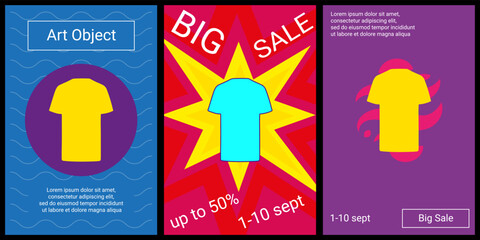 Trendy retro posters for organizing sales and other events. Large t-shirt symbol in the center of each poster. Vector illustration on black background