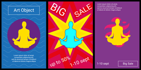 Trendy retro posters for organizing sales and other events. Large yoga symbol in the center of each poster. Vector illustration on black background