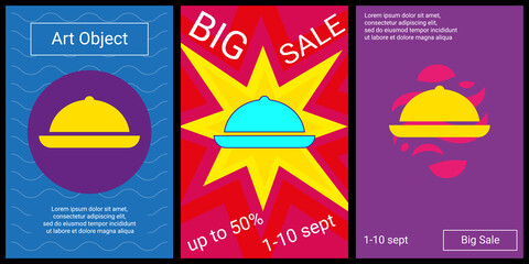 Trendy retro posters for organizing sales and other events. Large cloche symbol in the center of each poster. Vector illustration on black background