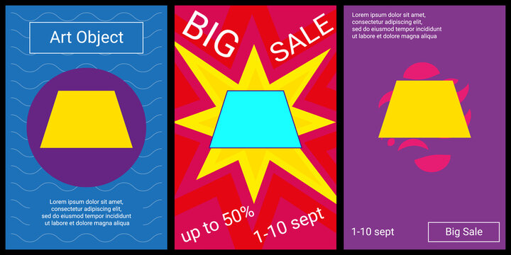 Trendy retro posters for organizing sales and other events. Large trapezoid symbol in the center of each poster. Vector illustration on black background