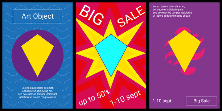 Trendy retro posters for organizing sales and other events. Large kite symbol in the center of each poster. Vector illustration on black background
