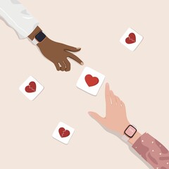 Romantic aesthetic flat lay illustration. Vector illustration with realistic female hands. Postcard for the day of all lovers. Cards about love. Top view illustration. Watch on hand.
