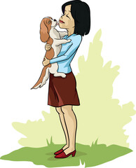 An attractive, slim girl, goes for a walk in the park with her dog, mommy, teens, girl, 