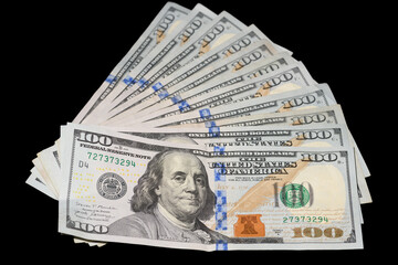 100 Dollar Bills Fanned on Black Background