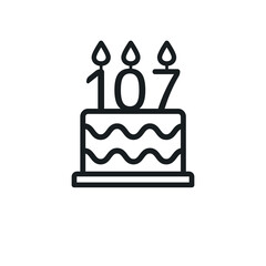 Birthday cake line icon with candle number 107 (one hundred and seven). Vector.