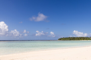 Fototapeta na wymiar White sand and coco palms travel tourism wide panorama background concept