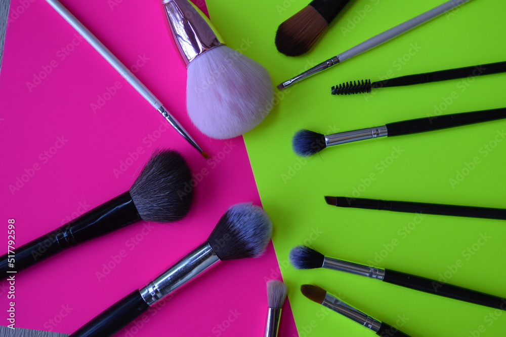 Wall mural professional cosmetic makeup brushes of different sizes on a pink and green background for applying 