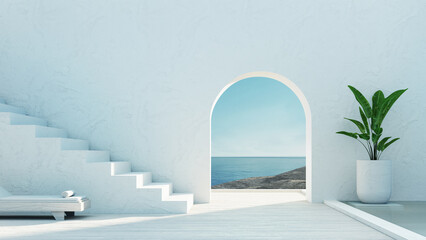 Mediterranean luxury gate wall to the sea view and stair - Santorini island style - 3D rendering - obrazy, fototapety, plakaty