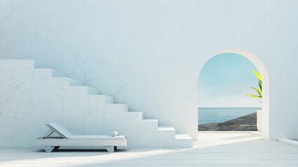 Mediterranean luxury gate wall to the sea view and stair - Santorini island style - 3D rendering