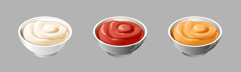 a set of sauces in neat white saucers. realistic stylized white saucers are filled with colorful colorful appetizing sauces
