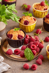 Muffins with raspberries. Delicious homemade sweet dessert. 