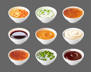 a set of sauces in neat white saucers. realistic stylized white saucers are filled with colorful colorful appetizing sauces