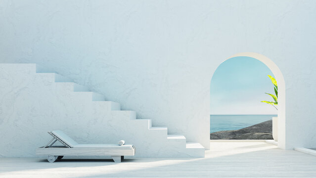 Mediterranean luxury gate wall to the sea view and stair - Santorini island style - 3D rendering
