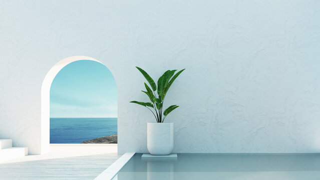 Mediterranean luxury gate wall to the sea view and stair - Santorini island style - 3D rendering