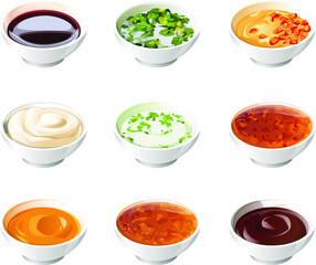 a set of sauces in neat white saucers. realistic stylized white saucers are filled with colorful colorful appetizing sauces