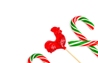 Rooster shape lollipop isolated on white background - rooster candy (Turkish name; horoz sekeri)
