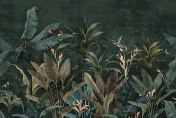 wallpaper palm tropical forest vintage jungle pattern with birds dark mood - obrazy, fototapety, plakaty