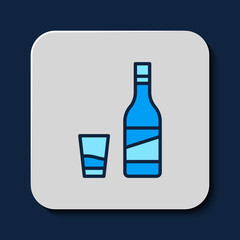 Filled outline Bottle of vodka with glass icon isolated on blue background. Vector