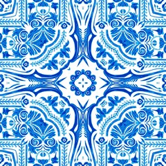 Blue white watercolor azulejos tile background. Seamless coastal geometric floral mosaic effect. Ornamental arabesque all over summer fashion damask repeat