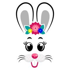 cartoon bunny masks with gray ears and flowers on white isolated background