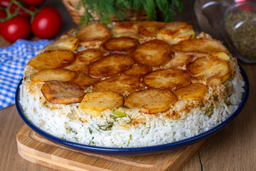 Rice with beans, potatoes, vegetables (Turkish name; baklali pilav)