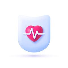 Pulse, great design for any purposes. Cardiology concept. Red heart on Shield. 3d cartoon vector icon