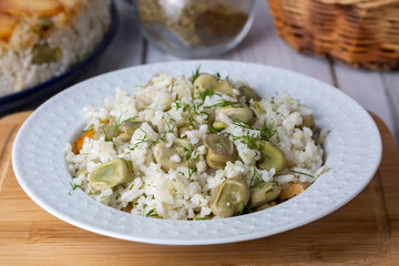 Traditional Turkish food; green legume rice pilaf (Turkish name; Yesil baklali pilav)