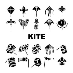 Flying Kite Children Funny Toy Icons Set Vector. Flying Kite In Airplane And Rocket Shape, Jellyfish And Fish Form, Stingray And Butterfly. Outdoor Game Enjoying Glyph Pictograms Black Illustration