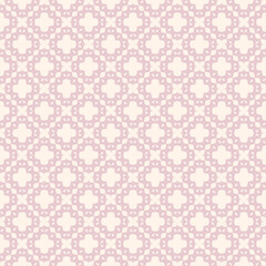 Vector geometric ornament in ethnic style. Abstract minimal seamless pattern with simple elements, floral shapes, grid, repeat tiles. Tribal background. Folk motif texture. Pink colored geo design