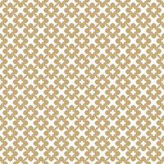 Vector seamless pattern. Abstract golden geometric floral ornament. Elegant gold and white background with grid, lattice, flower silhouettes, chains. Retro vintage style. Luxury ornamental texture