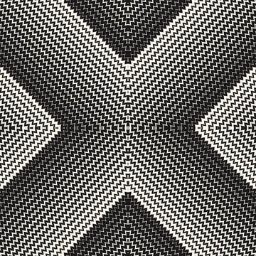 Vector halftone seamless pattern. Abstract background with diagonal half tone zigzag stripes in cross form. Texture with wavy zig zag lines, chevron. Black and white stylish ornament. Repeat design