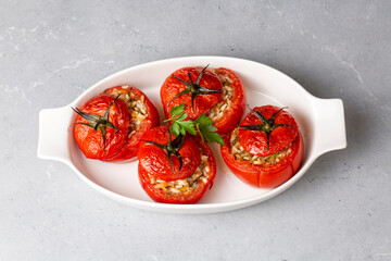 Traditional Turkish food; Stuffed tomatoes with olive oil stuffed with rice. Turkish name; domates dolmasi