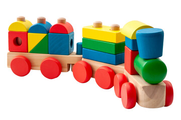 Vintage toy train model made of blocks in many shapes isolated on white background with a clipping path cutout concept for childhood development, minimalist nostalgic toys and educational play time