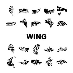 Wing Fly Animal, Bird And Insect Icons Set Vector. Butterfly And Cupid, Angel And Elf, Dragon And Gargoyle Or Vampire Wing. Flying Iron Techno Accessory For Flying Glyph Pictograms Black Illustration